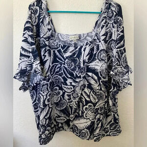 Wonderly Plus Size Short Sleeve Cotton Gauze Square Neck Top Floral Tropical 3X